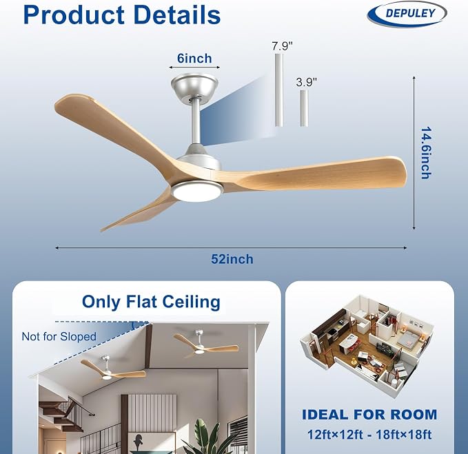 Depuley 52-Inch Ceiling Fan with Light: Wood Grain 3 Blade Outdoor Fandelier Ceiling Fans with Lights for Patios - Dimmable Indoor Fan with Remote Control Reversible DC Motor for Porch Living Room