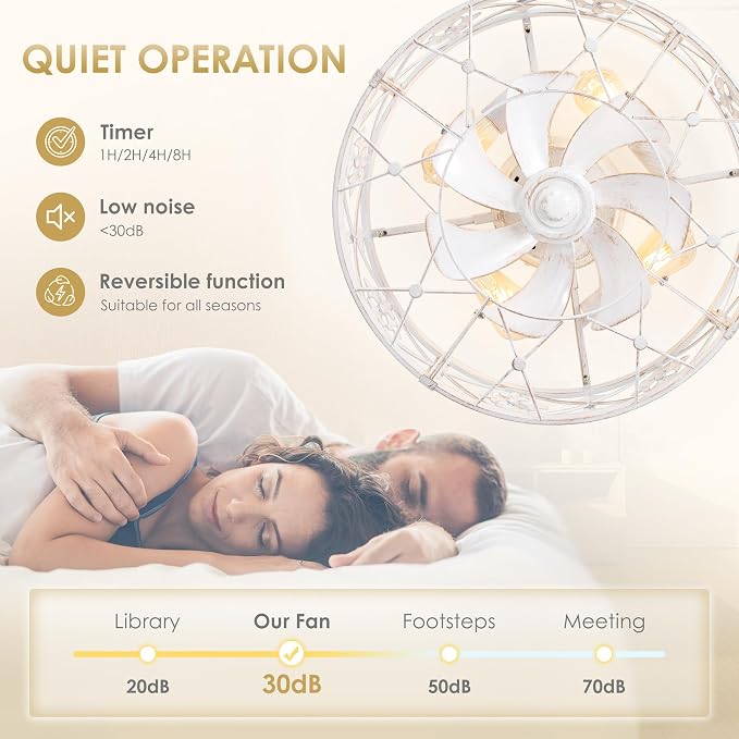 ZYD Caged Ceiling Fans with Light, 20" Ceiling Fans with Lights and Remote Flush Mount, Bladeless Caged Ceiling Fan with Light, Rust White Farmhouse Ceiling Fan for Bedroom, Kitchen, Dining Room