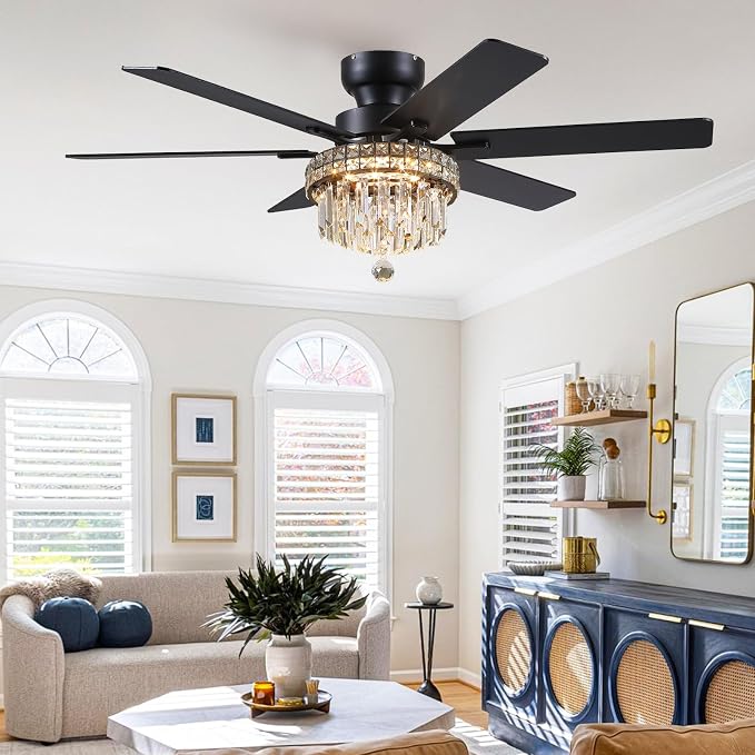 Asyko 52" Low Profile Crystal Ceiling Fans with LED Lights and Remote/APP | Supports Remote and APP,Reversible 6 Wind Speeds,30W Quiet DC Motor,6 Wood Blades,Dimmable 30W LED,Suits for Bedroom Kitchen