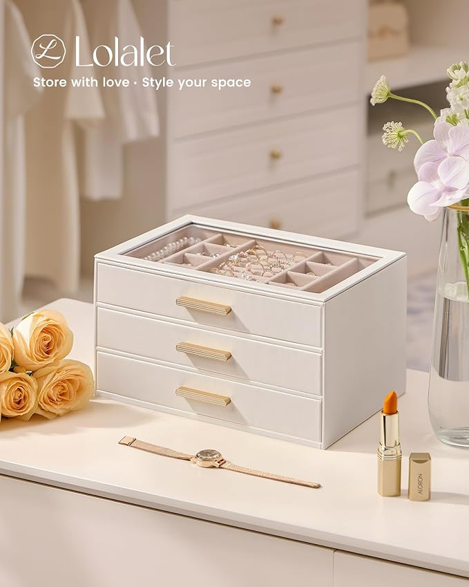 Lolalet Jewelry Box Organizer, 3-Layer Jewelry Organizers and Storage Case with Glass Lid, Ring Earring Bracelet Necklace Holder Organizer, Mothers Day Gifts for Mom, Women Girls -3Layer, Beige