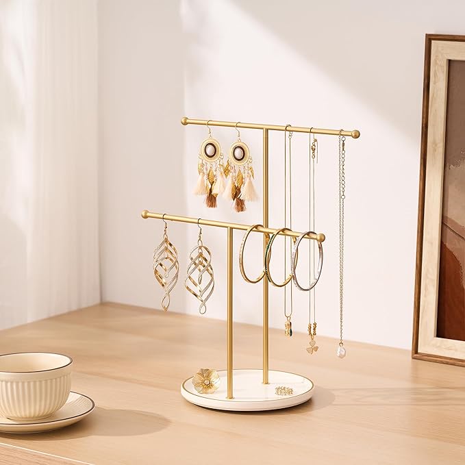 Jewelry Stand with Ceramic Tray, Necklace Holder, Gold Bar White Base | Ceramic Base, Gift for Women & Girls, Hanging Necklace Organizer Tree, Earrings, Bracelets, Rings, small