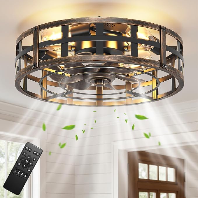 BLNAN 20" Farmhouse Ceiling Fan with Lights and Remote, Industrial Caged Low Profile Flush Mount Industrial Fandelier, 6 Speeds Bladeless Fan Lights for Bedroom, Kitchen, Living Room, Black Gold