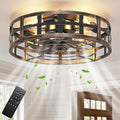 BLNAN 20" Farmhouse Ceiling Fan with Lights and Remote, Industrial Caged Low Profile Flush Mount Industrial Fandelier, 6 Speeds Bladeless Fan Lights for Bedroom, Kitchen, Living Room, Black Gold