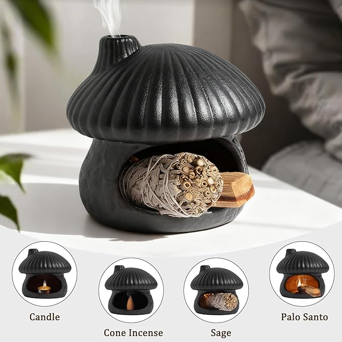 Palo Santo Holder Mushroom Shape, Ceramic Sage Holder for Burning Palo Santo Burner for Meditation, Yoga and Relaxation(Black)