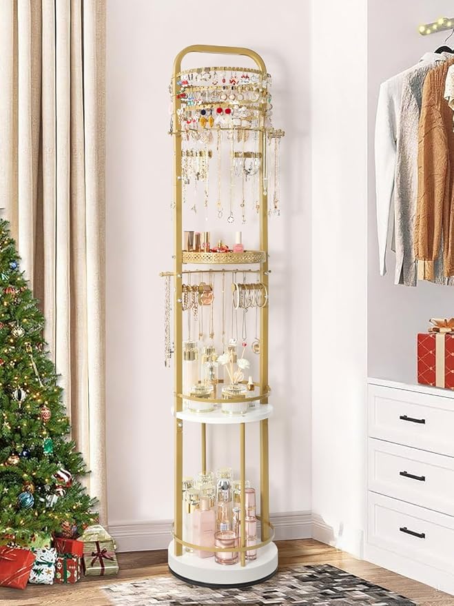 Jewelry Holder Organizer, Floor Jewelry Organizer with Earring Organizer Necklace Holder, Rotating Jewelry Stand Necklace Display Earring Storage, Large Hanging Jewelry Tree for Jewlery Bracelet Ring
