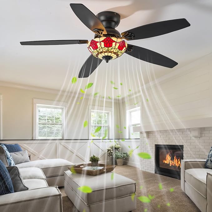Tiffany Ceiling Fans with Lights - 52" Ceiling Fan Chandelier with 5 Dual-Blades and Glass Shade, 6 Speeds and Reversible, Indoor and Outdoor, Retro Style