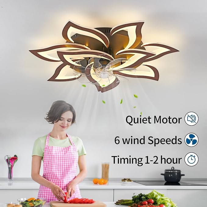 32inch Flower Modern Ceiling Fans with Lights, Low Profile Ceiling Fan with Remote for Bedroom, Flush Mount Ceiling Fan with LED Dimmable Light,6-Speeds, Timing CeilingFan Light-Walnutcolor