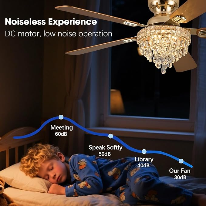 52“ Crystal Ceiling Fans with RGB Lights, Remote/App Control, Luxury Fandelier Ceiling Fan Flush Mount, Reversible DC Motor, Dimmable, Bedroom Chandelier Fan, (Gold)