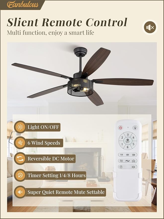 Fanbulous Farmhouse Ceiling Fans with Lights and Remote, 60 Inch Industrial Black Caged Ceiling Fans for Living Room Bedroom Kitchen, 6 Speed Reversible Quiet DC Motor, Dual Finish 5 Blades