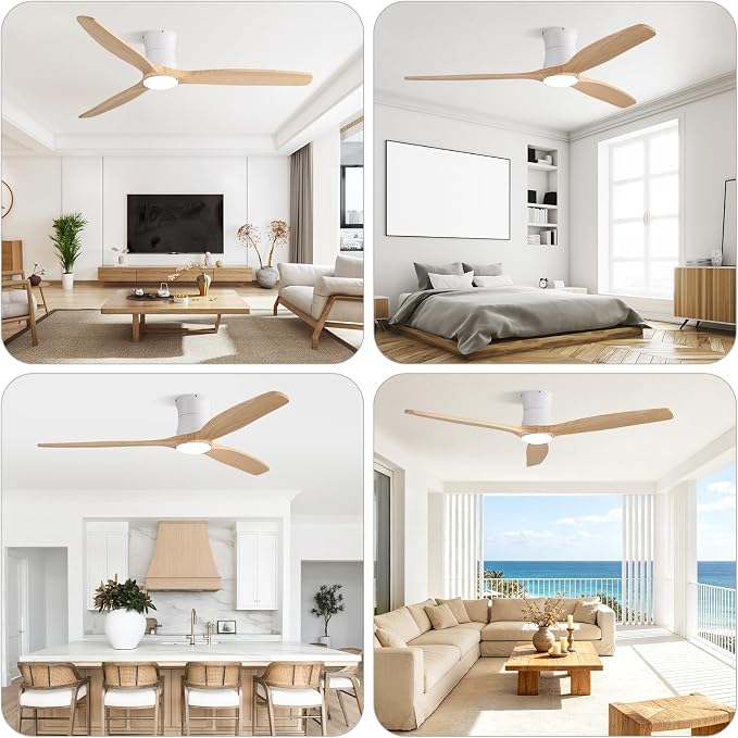 Sofucor 52 Inch Ceiling Fan with Lights and Remote | Low Profile Flush Mount, Outdoor Modern, 6-Speed 3-CCT with Timer, 3 Wood Blades
