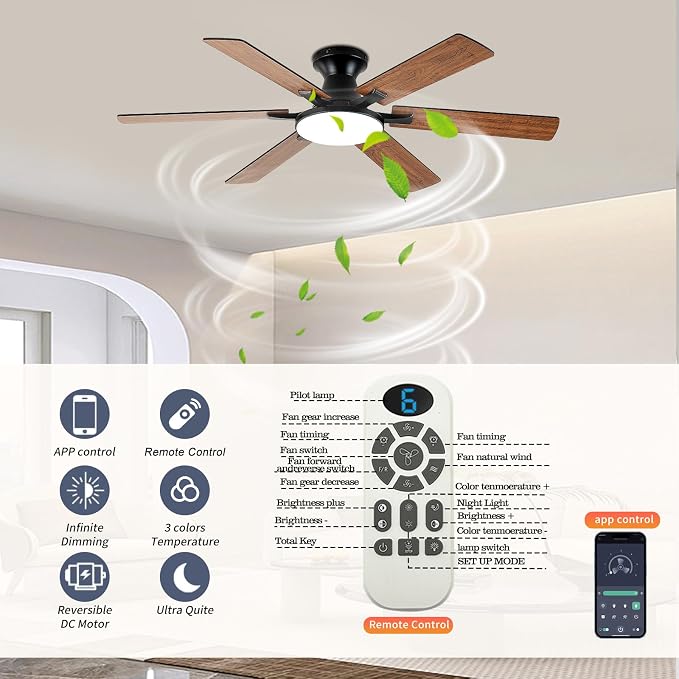 Ceiling Fans with Lights,54 Inch Low Profile Ceiling Fan with Light and Remote Control,6 Speeds/6 Blade,Flush Mount,LED Dimmable DC Reversible Modern, Brown Ceiling Fan for Bedroom/Living Room
