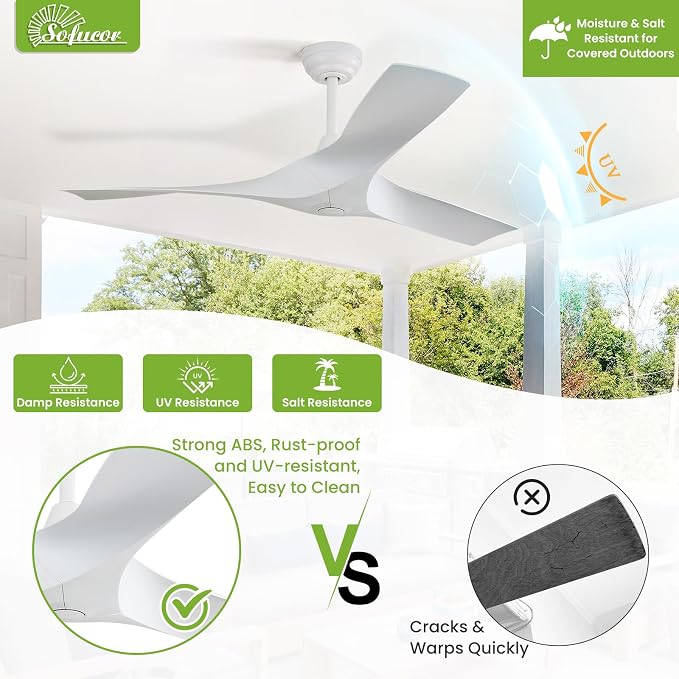 Sofucor 52 Inch Ceiling Fans No Lights, Modern Ceiling Fan with 3 Plastic Blades, 4500CFM 6-Speed 3-Timer Reversible DC Motor, for Bedroom Living Room Patios Office, ETL/FCC
