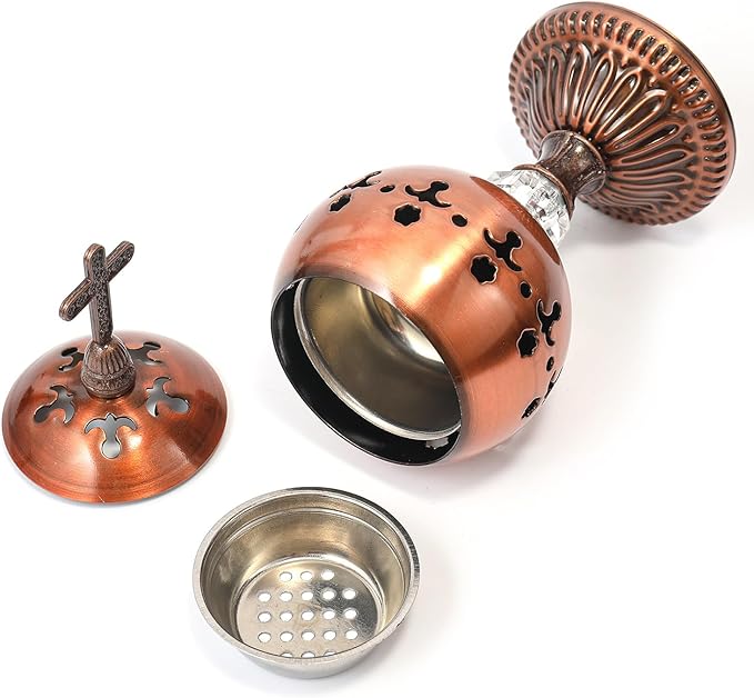 Nazareth Store Incense Burner Charcoal Polished Brass Censer Christian Church Incense Holder Incense Cones Cross 7.9" Aromatherapy Fragrance Ornament (Bronze)
