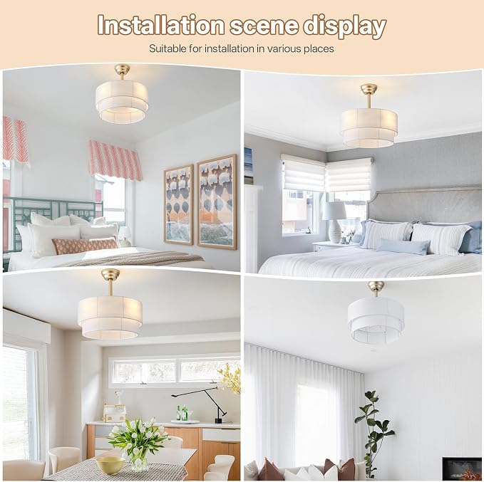 20" Boho Ceiling Fans with Lights, Fabric Fandelier Chandelier Ceiling Fan with Light Remote Control, Caged with 6 Speeds for Bedroom, Nursery(White)