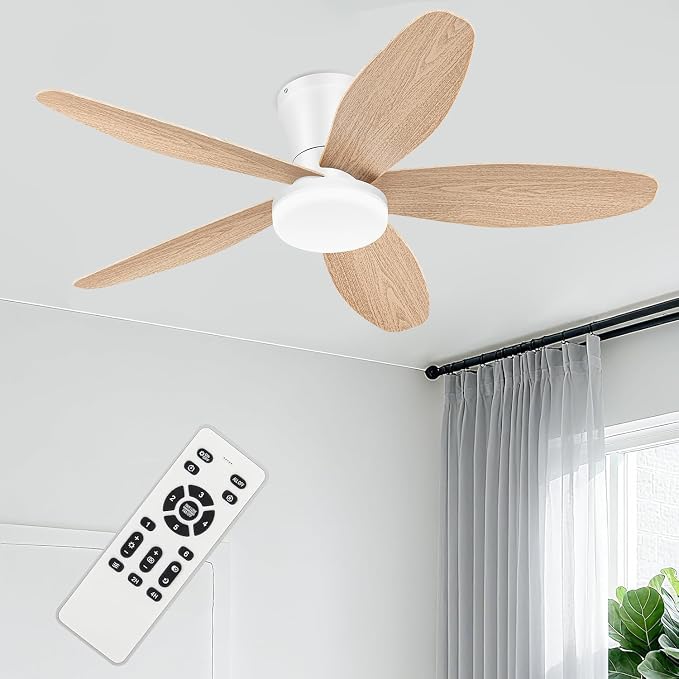Ceiling Fans with Lights - 42 Inch White&Wood Flush Mount Ceiling Fan 6-Speed Wind, Quiet Reversible DC Motor, 3 Color Dimmable Lighting, Small Low Profile Ceiling Fans for Living Room/Bedroom