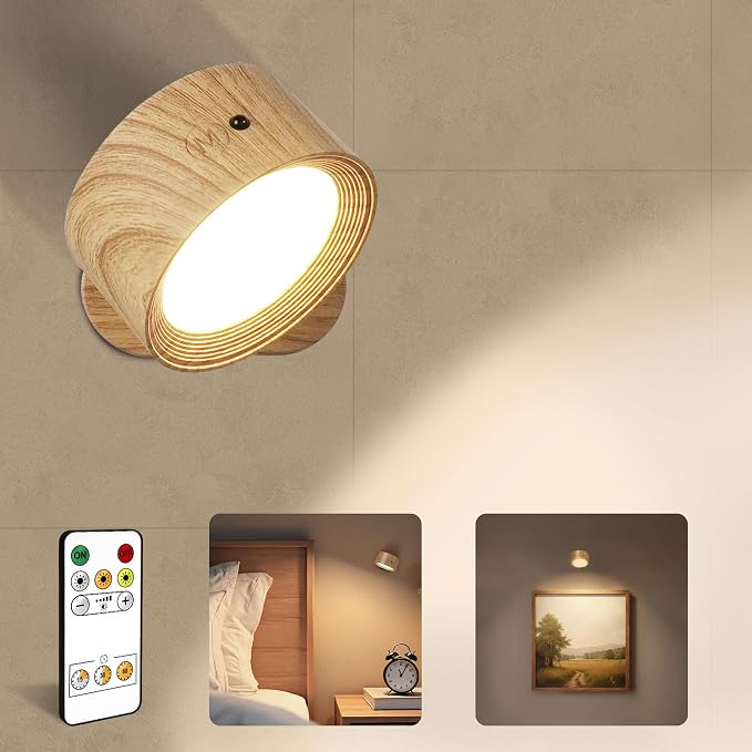 LED Wall Mounted Lights, Rechargeable Wall Sconces, 3 Color Temps, Remote & Touch, 360° Rotating and Dimmable for Bedroom, Bedside & Reading (Wood, 1 Pack)