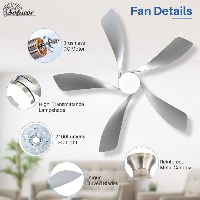 Sofucor 52 Inch Low Profile Ceiling Fan with Light, Flush Mount Outdoor Ceiling Fan with Remote for Bedroom Living Room Patio, Dimmable LED High Airflow Quiet Reversible DC Motor