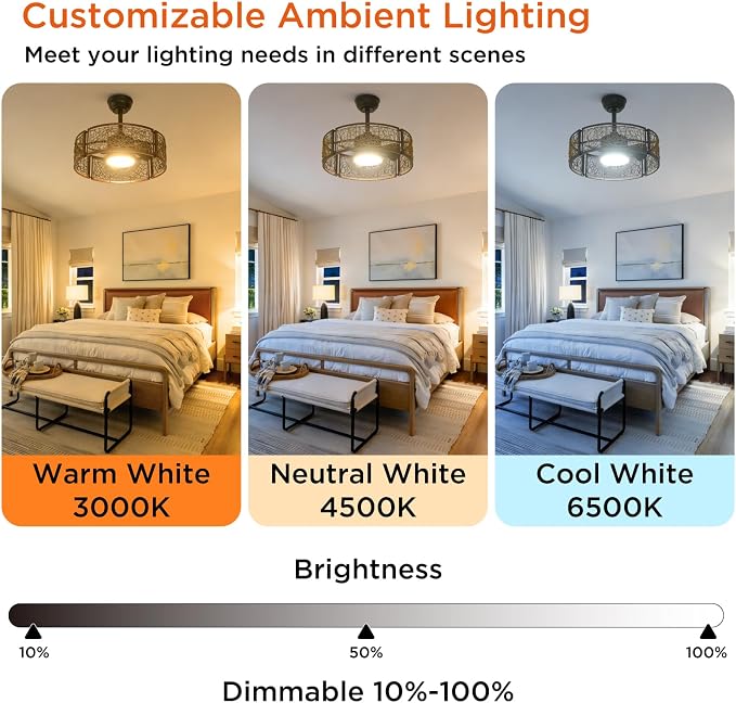 TALOYA 20 Inch Caged Ceiling Fans with Lights Chandelier Remote Control Flush Mount Low Profile for Bedroom Living Room Patio,Reversible,Buzzer Mute,Dimmable Led Light Included,Fandelier,Black