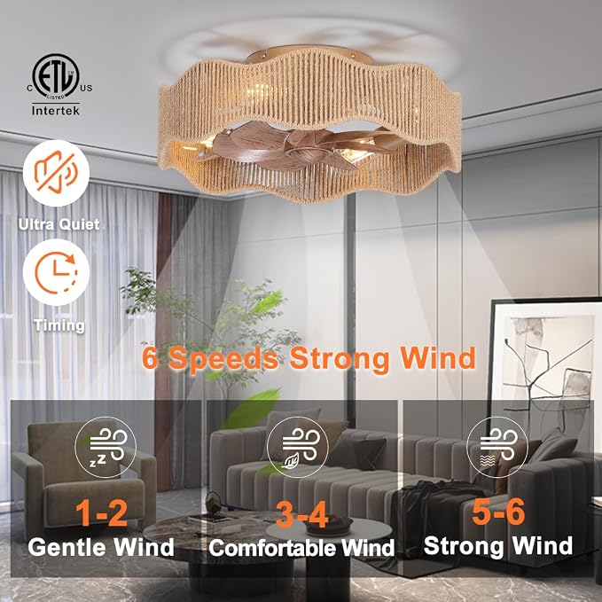 SHLUCE 18" Boho Fandelier Ceiling Fan with Light Flush Mount, Caged Low Profile Ceiling Fan with Light, Small Rattan Bladeless Ceiling Fans with Lights and Remote Control for Bedroom, Nursery - ETL