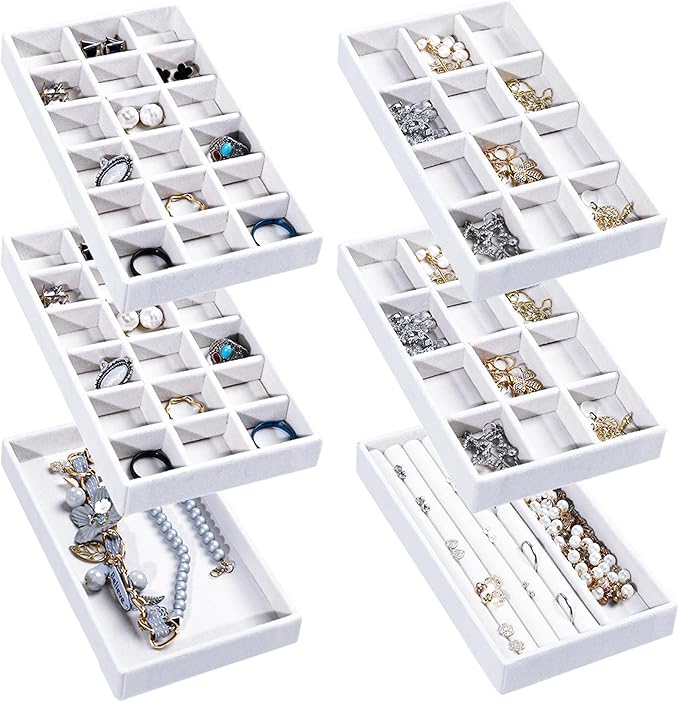 Frebeauty Jewelry Trays for Drawer,Set of 6 Jewelry Organizer and Storage | Velvet Material,Earring Holder Organizer,Stackable Jewelry Display for Vanity,Drawer Inserts for Rings,Studs,8.3×4.9 inch