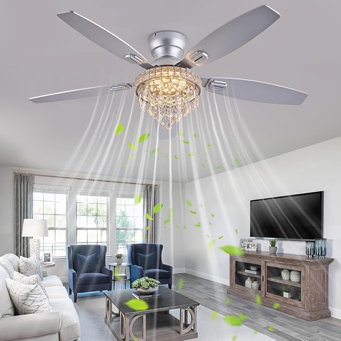 Crystal Ceiling Fan Fandelier with Lights-Ceiling Fans with Lights,54" Low Profile and Remote Control, Flush Mount, Reversible, Dimmable, Noiseless, Sliver Ceiling Fan for Bedroom