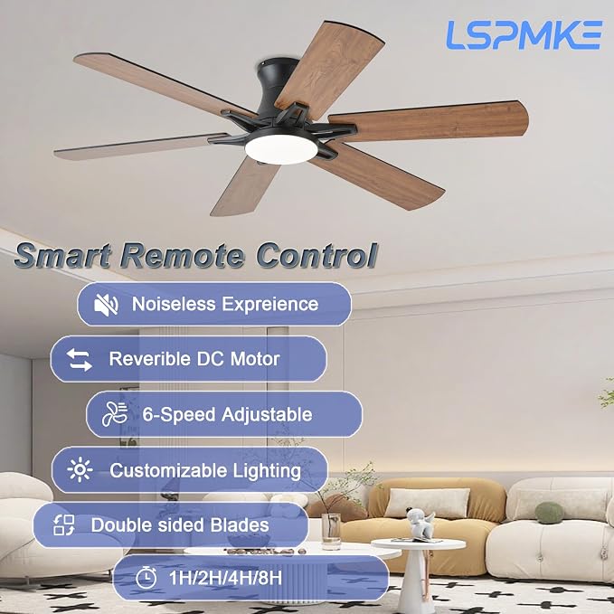 52 Inch Ceiling Fans with Lights, Low Profile Ceiling Fan with Light and Remote, Quite DC Motor,Flush Mount, 3CCT, Dimmable, Brown RGB Ceiling Fan for Bedroom, Living Room, Indoor/Outdoor Use