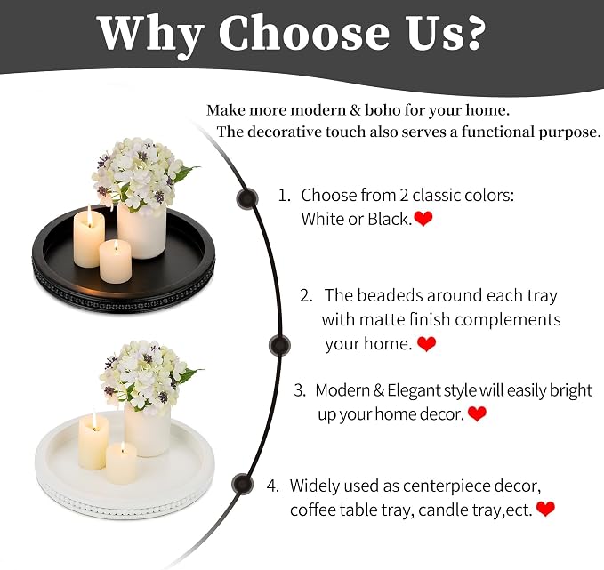 Hanobe Round Decorative Tray for Coffee Table, White, 11.8-inch | Beaded edge, crafted from wood, holds candle and vase, modern farmhouse style for dining table centerpiece and living room