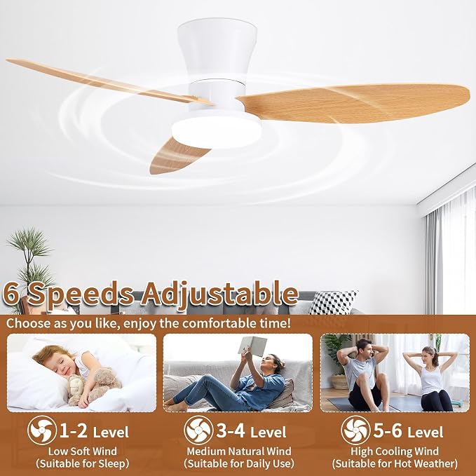 40 inch Ceiling Fan with Lights, Flush Mount with Remote Control | 3 Blades, 6 Speeds, Reversible Quiet DC Motor, Dimmable, 3000-6000K Adjustable, Timer, for Bedroom Dining Room Home Office