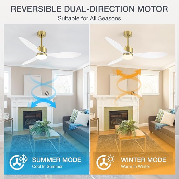 52" Contemporary Ceiling Fans with Lights and Remote, Quiet DC Motor, 3 Reversible Blades, 6-Speed, Modern Gold and White Low Profile Ceiling Fan with 3-Color LED Light Fandelier for Bedroom