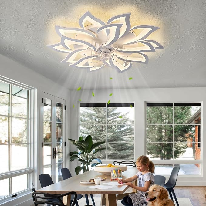 15Leaves-White Flower Modern CeilingFans with Lights, Low Profile Ceiling Fan with Remote for Bedroom, Ceiling Fan with LED Dimmable Light,3-Colors, 6-Speeds, Timing CeilingFan Light