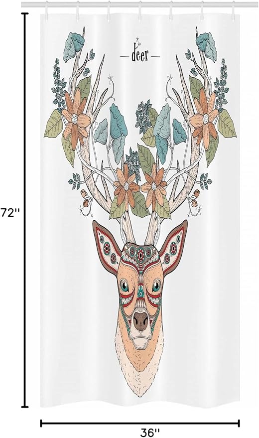 Ambesonne Antlers Stall Shower Curtain, Deer Head with Flowers Blooms Cultural Design Ornamental Illustration, Fabric Bathroom Decor Set with Hooks, 36" W x 72" L, Tan Green Teal