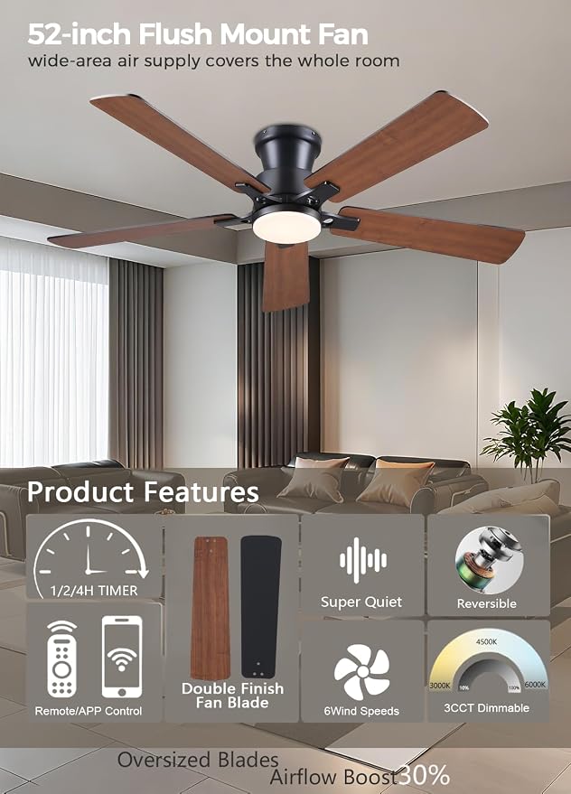 JSAITEE 52Inch Ceiling Fan with Lights Flush Mount Low Profile Brown | Ceiling Fans,DC Reversible Motor, 3CCT Dimmable, Fan for Indoor Bedroom/Outdoor, Brown