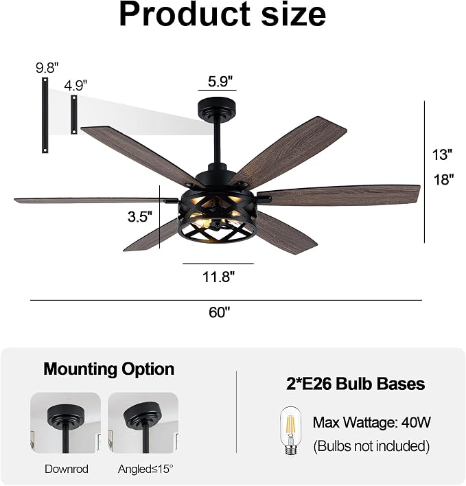 60“ Farmhouse Ceiling Fan with Lights Remote, Rustic Ceiling Fan | Black Metal Caged Fandelier Industrial Chandelier, Reversible Quiet DC Motor 6 Speed 6 Dual Blades for Living Room Bedroom