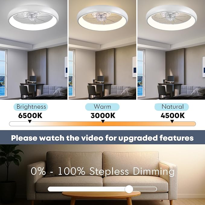 FSZDORJ 20'' Ceiling Fan with Light and Remote, Low Profile Ceiling Fan with Light, Dimmable Flush Mount Ceiling Fan Light, 6 Speeds Fan, App&Remote Control, Fandelier Quiet Fan for Bedroom F109 White