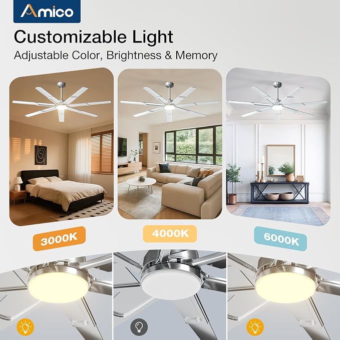 Amico Ceiling Fans with Lights,66 inch Nickel Ceiling fan with Light and Remote, 6 Speed Reversible DC Motor, 3CCT, Dimmable, Quiet, Timer, Outdoor Ceiling Fan with Light for Patios, Indoor/Outdoor