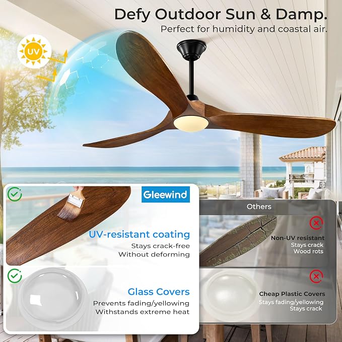 52 inch Outdoor Ceiling Fans with Lights-Glass Lamp, Smart Ceiling Fan with WIFI Alexa and App Remote Control, Damp Rated Wood Propeller Blades for Patios & Porch, 3 Blades, High CFM 6 Speed, Walnut