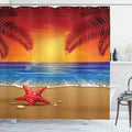 Ambesonne Tropical Shower Curtain, Sunset Cartoon Illustration Beach Summer Starfish Palm Tree Ocean Fantasy Art, Cloth Fabric Bathroom Decor Set with Hooks, 69" W x 75" L, Red Yellow Blue