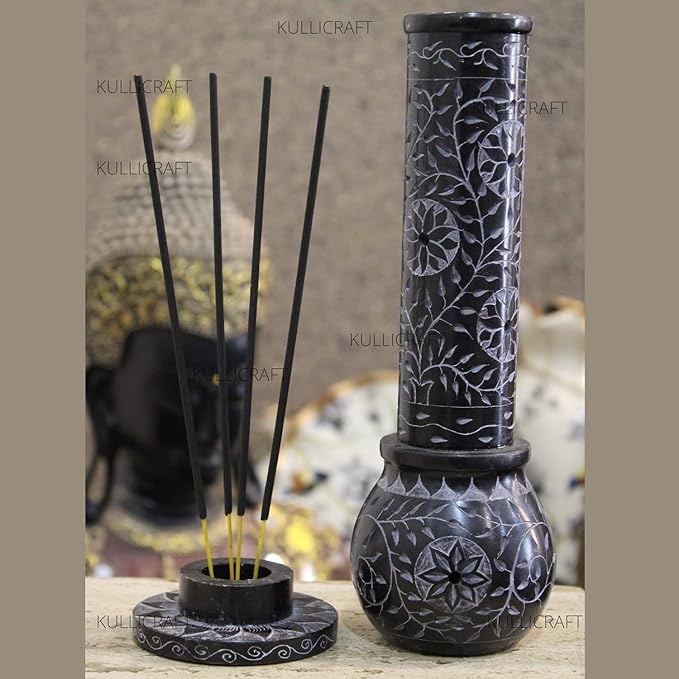 Hand Carved Marble Soapstone Incense Stick Holder – Black Incense Burner with Ash Catcher Base, Tea Light & Camphor Holder, Decorative Home & Puja Decor (3 x 3 x 10 Inch).