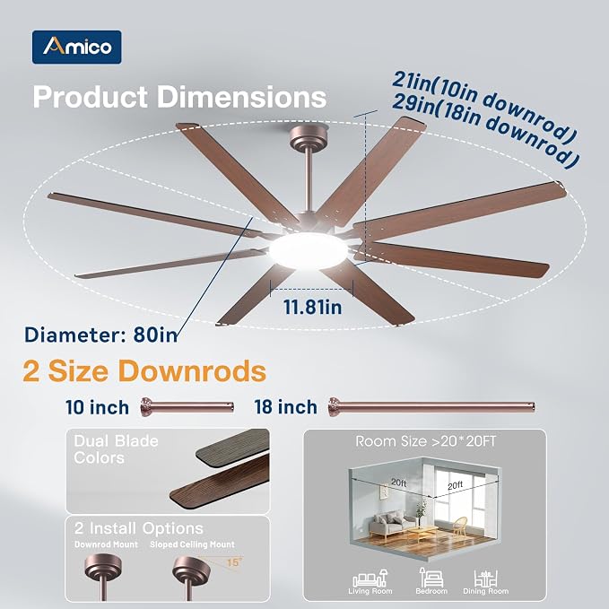 Amico 80 inch Ceiling Fans with Lights,Large Ceiling Fan with Light and Remote Control, Dimmable, 6 Speed Reversible Quiet DC Motor, Brown Modern Ceiling fan For Living Room, Bedroom, Kitchen, Patio