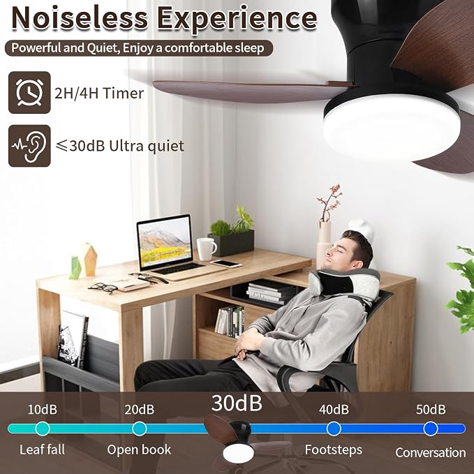 Small Ceiling Fan with Lights and Remote, 25 Inch Flush Mount, Reversible Quiet DC Motor, 3 Blades, 6 Wind Speeds, Dimmable LED, Adjustable Color Temperature, Timer