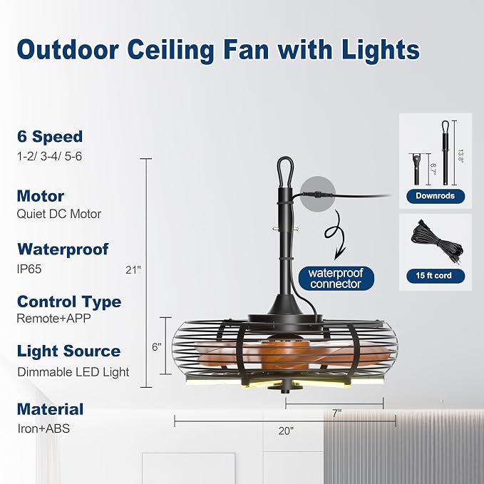 Coolbull Outdoor Ceiling Fans with Lights, 20'' Hanging Fan, Plug and Play | Wet Rated, Remote & APP Control Outdoor Fan with Hook for Gazebos, Patios, Porches, Wood Color