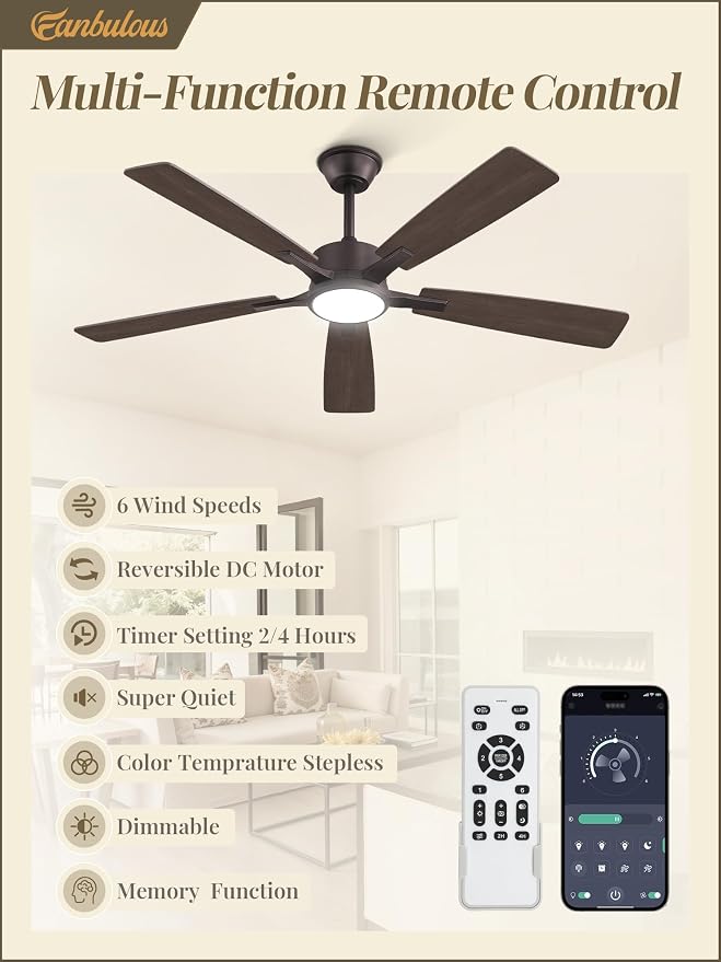 Fanbulous 52 Inch Ceiling Fans with Lights and Remote, Stepless Color Temperature Change & Dimmable 20W LED Ceiling Fan, 6 Speeds Reversible Quiet DC Motor for Bedroom, Living Room, Oil Bronze