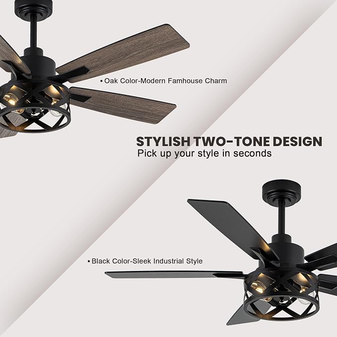 Dawn Whisper 52 Inch Farmhouse Ceiling Fans with Lights and Remote Quiet and Reversible DC Motor Black Industrial Rustic Caged Ceiling Fan for Bedroom Living Room Covered Patio