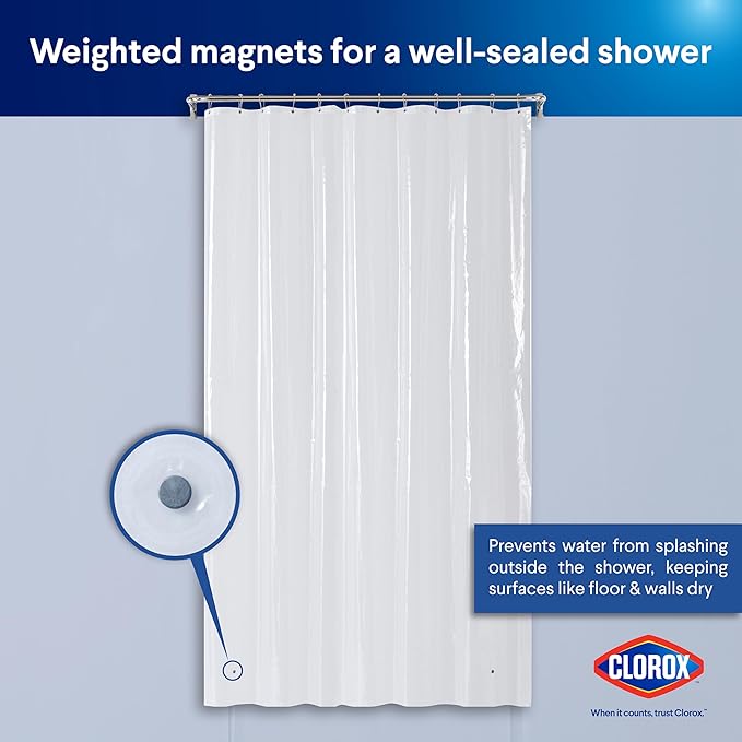 Clorox Shower Curtain Liner, Premium Medium-Weight Durable Waterproof 6g PEVA for Bathroom with Weighted Magnets, Extra Long 72" x 96", Clear 1 Pack