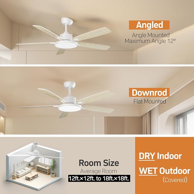 TALOYA 52 Inch White Smart Ceiling Fans with Lights Led Remote Control Flush Mount Low Profile for Bedroom Living Dining Room Outdoor Farmhouse Patio,Reversible,DC Motor,3 Color Temperatures,5 Blades
