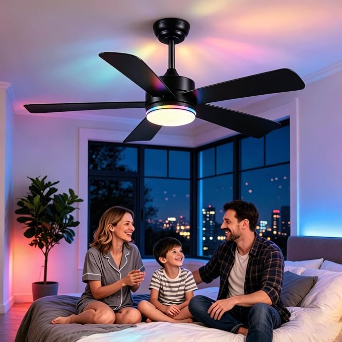 SHIHOT 46" Black Modern RGB Ceiling Fans with Lights for Bedroom Kids room | 14 RGB Modes ,6 Wind Speeds, Reversible, Dimmable 3 CCT LED, 35W Quiet DC Motor,6 Double-Sided Blades,for Bedroom Kidsroom