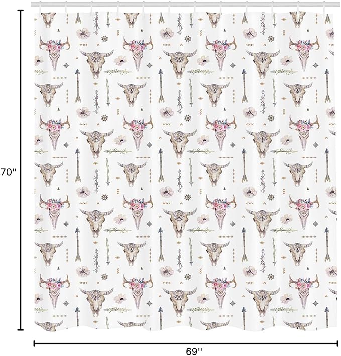 Ambesonne Arrows Shower Curtain, Pastel Colored Boho Pattern Artwork of Ornaments Feathers and Cow Skulls Rustic Themed Artwork, Cloth Fabric Bathroom Decor Set with Hooks, 69" W x 70" L, White Ivory