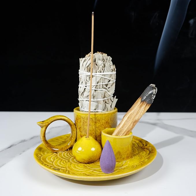 MOUGIGI 5.1-Inch 5-in-1 Yellow Ceramic Incense Holder - Fits Palo Santo, Sage, Incense Sticks/Cones, Small Candle, Smudge Burning Tray.Zen Altar for Meditation/Yoga, Aromatic Scents, Matches Friendly