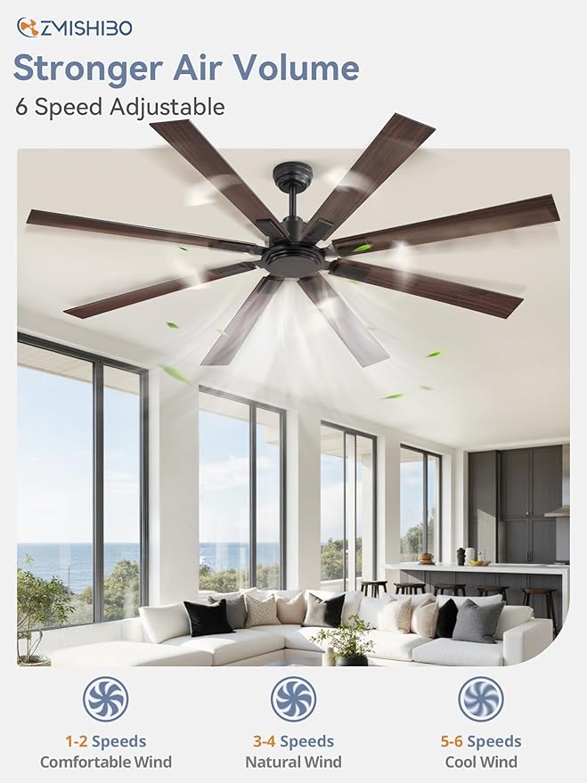 72 Inch Ceiling Fan No Light with Remote, Black Large Ceiling Fan Without Light with Quiet Reversible DC Motor, 6-Speeds, 8 Blades, Indoor/Outdoor Modern Ceiling Fans for Patios, Living Room, Garage