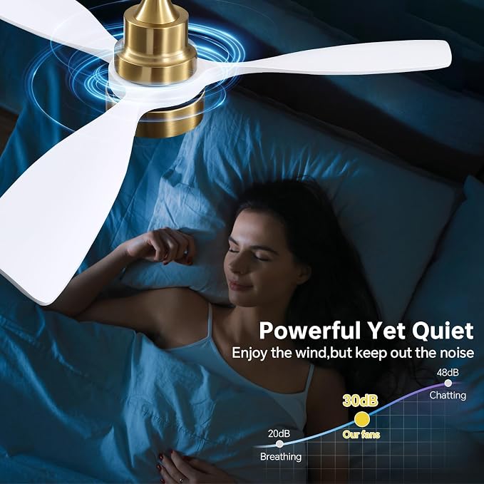 CACI Mall 48 inch Smart Ceiling Fans with Lights, Low Profile, Modern, Gold, 3 Blades, Solid Wood, Remote Control, Work with Alexa/Google, Outdoor Indoor Ceiling Fans for Patio Living Room Bedroom